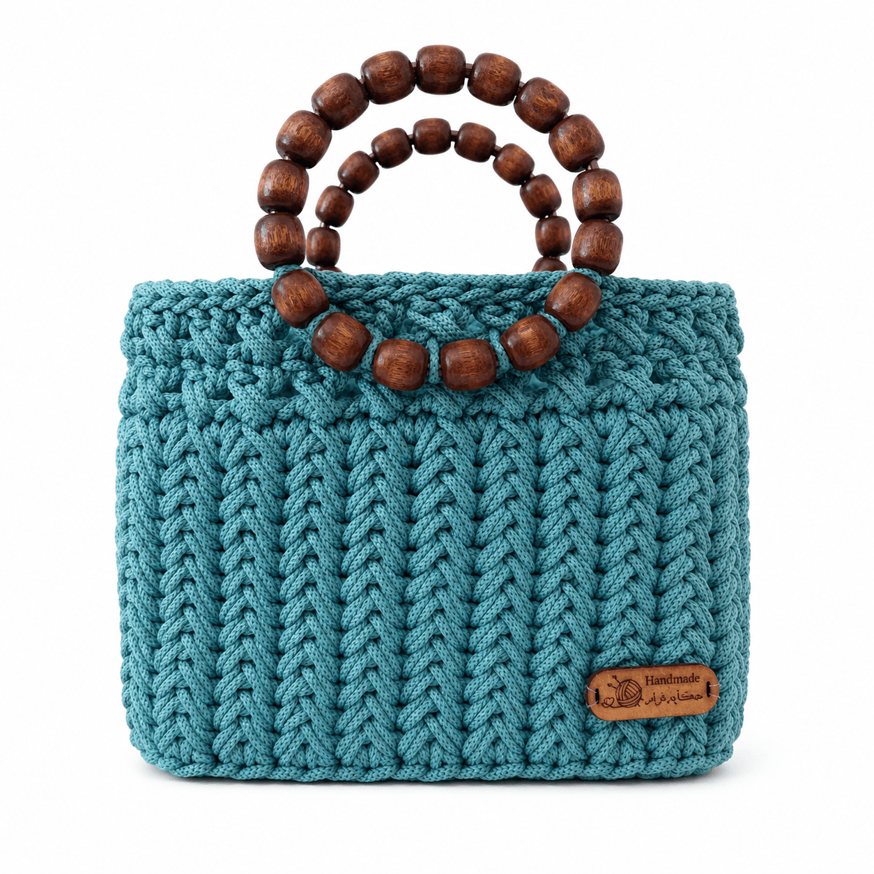 Sac à Main en Crochet Bleu Fait Main avec Anses en Bois – Élégance Artisanale