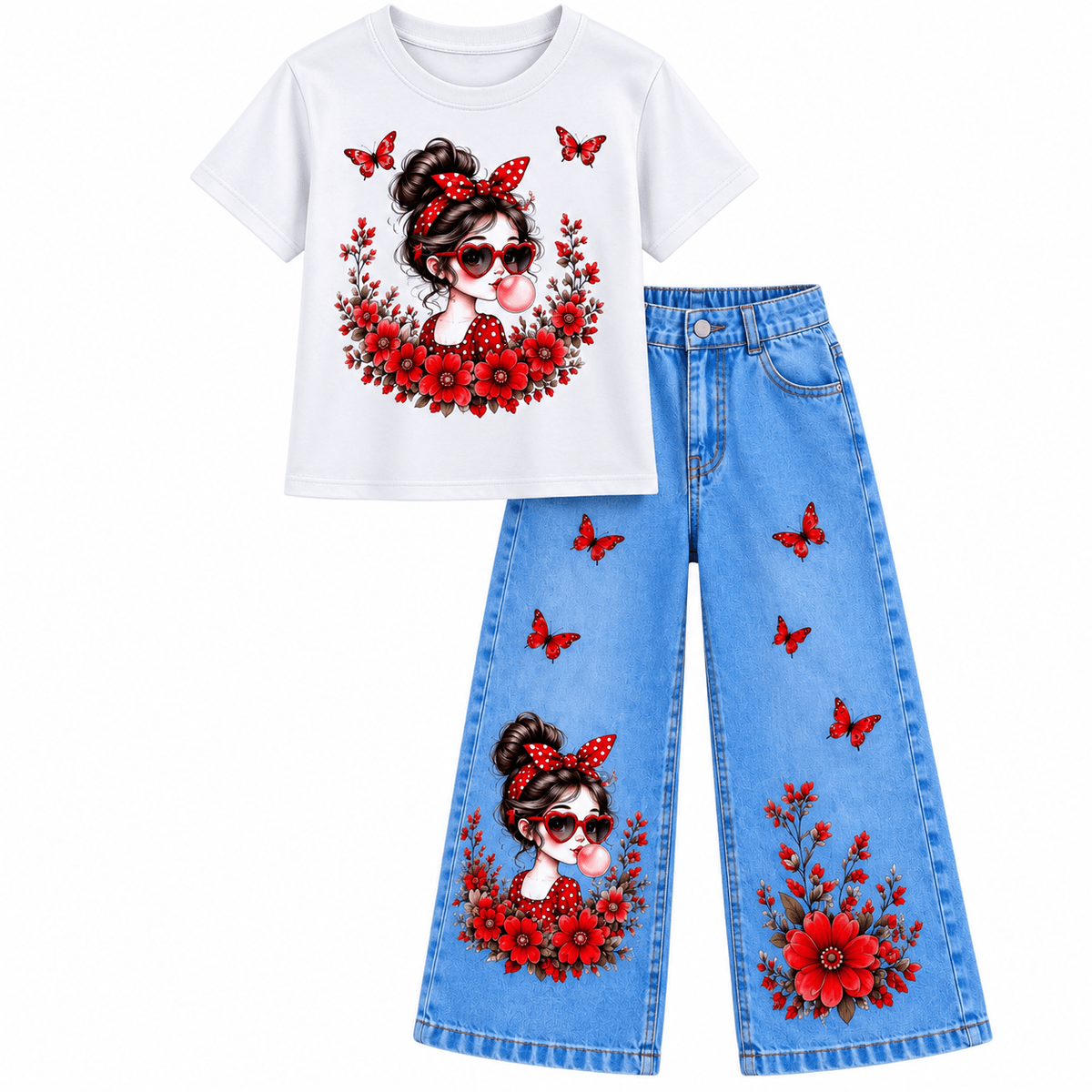 Ensemble Fille T-shirt et Jean Large à Motifs Papillons et Fleurs