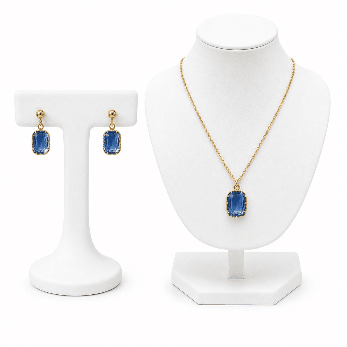 Parure Saphir Femme Dorée – Collier avec Pendentif Bleu & Boucles d’Oreilles