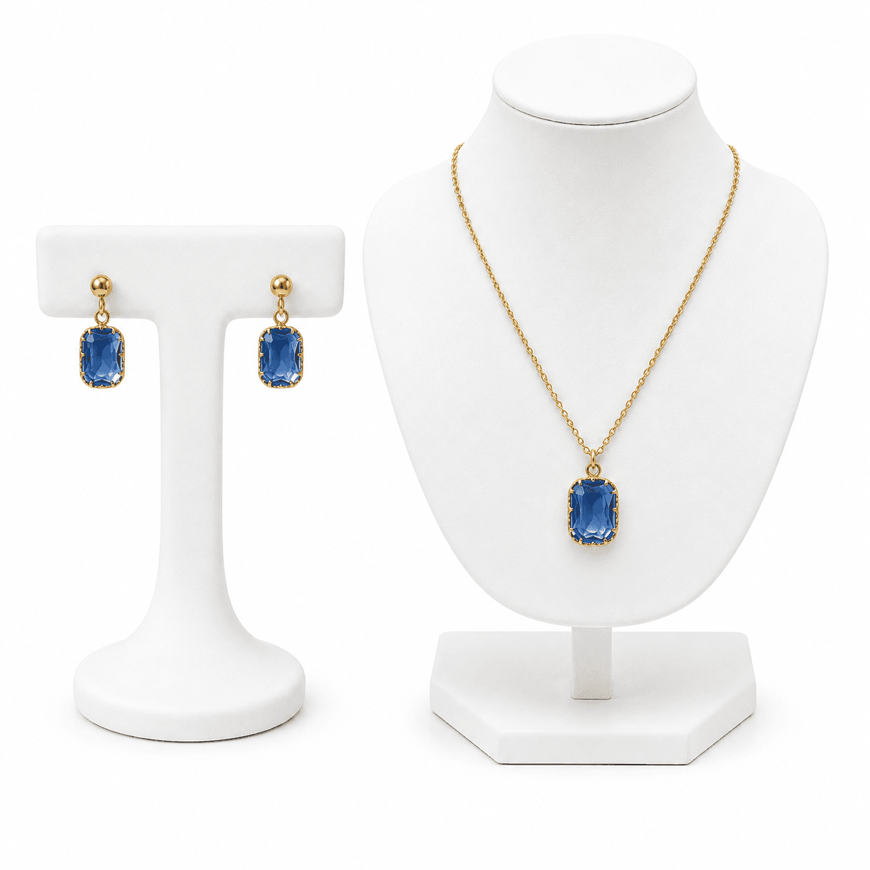 Parure Saphir Femme Dorée – Collier avec Pendentif Bleu & Boucles d’Oreilles