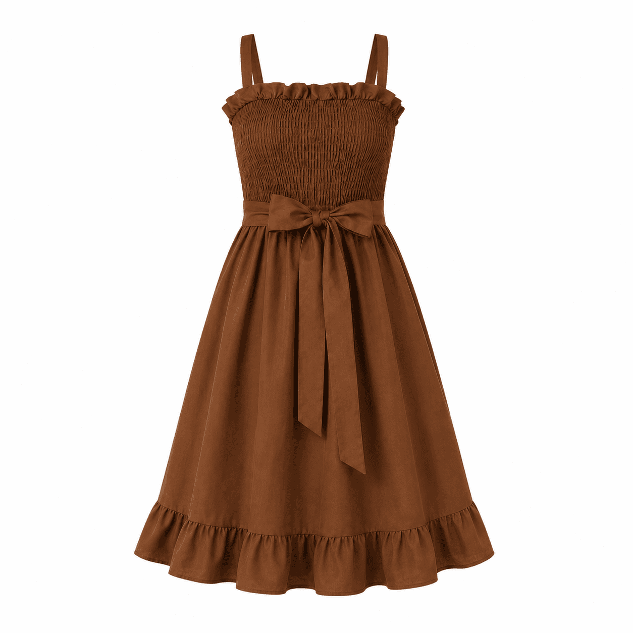 Robe Smock Femme Marron à Bretelles – Robe Midi Élégante avec Taille Ceinturée