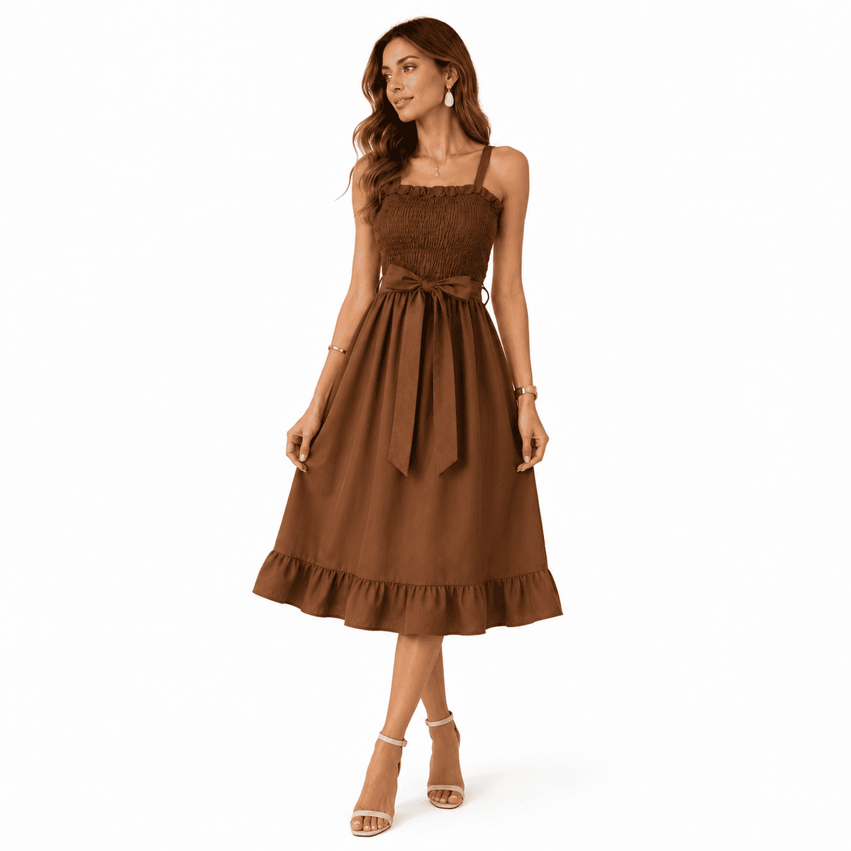 Robe Smock Femme Marron à Bretelles – Robe Midi Élégante avec Taille Ceinturée