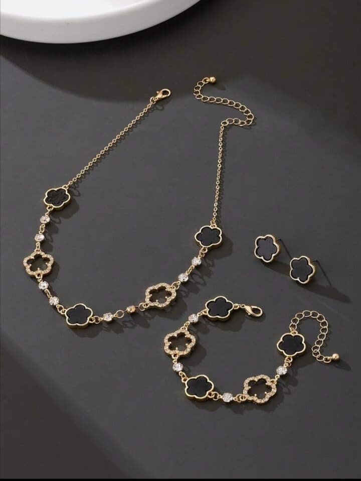 Ensemble Bijoux Fleur Noire en Acier Inoxydable
