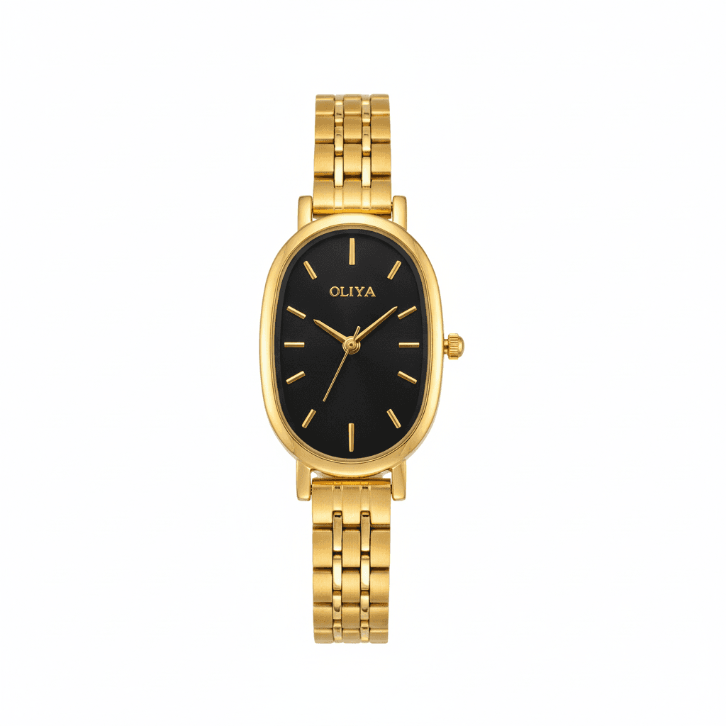 Montre OLIYA Ovale Dorée – Élégance Intemporelle au Cadran Noir Profond