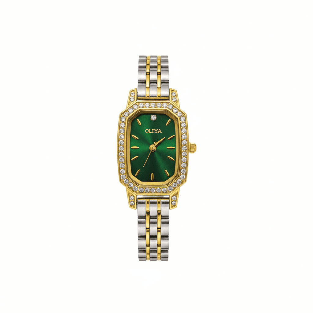 Montre OLIYA Rectangulaire Dorée & Argent – Cadran Vert Émeraude et Éclat Précieux