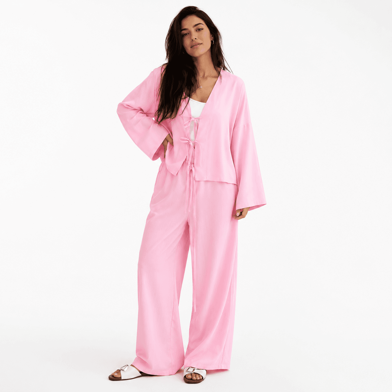 Ensemble Femme en Lin 2 Pièces – Veste à Nouer & Pantalon Large Fluide Chic