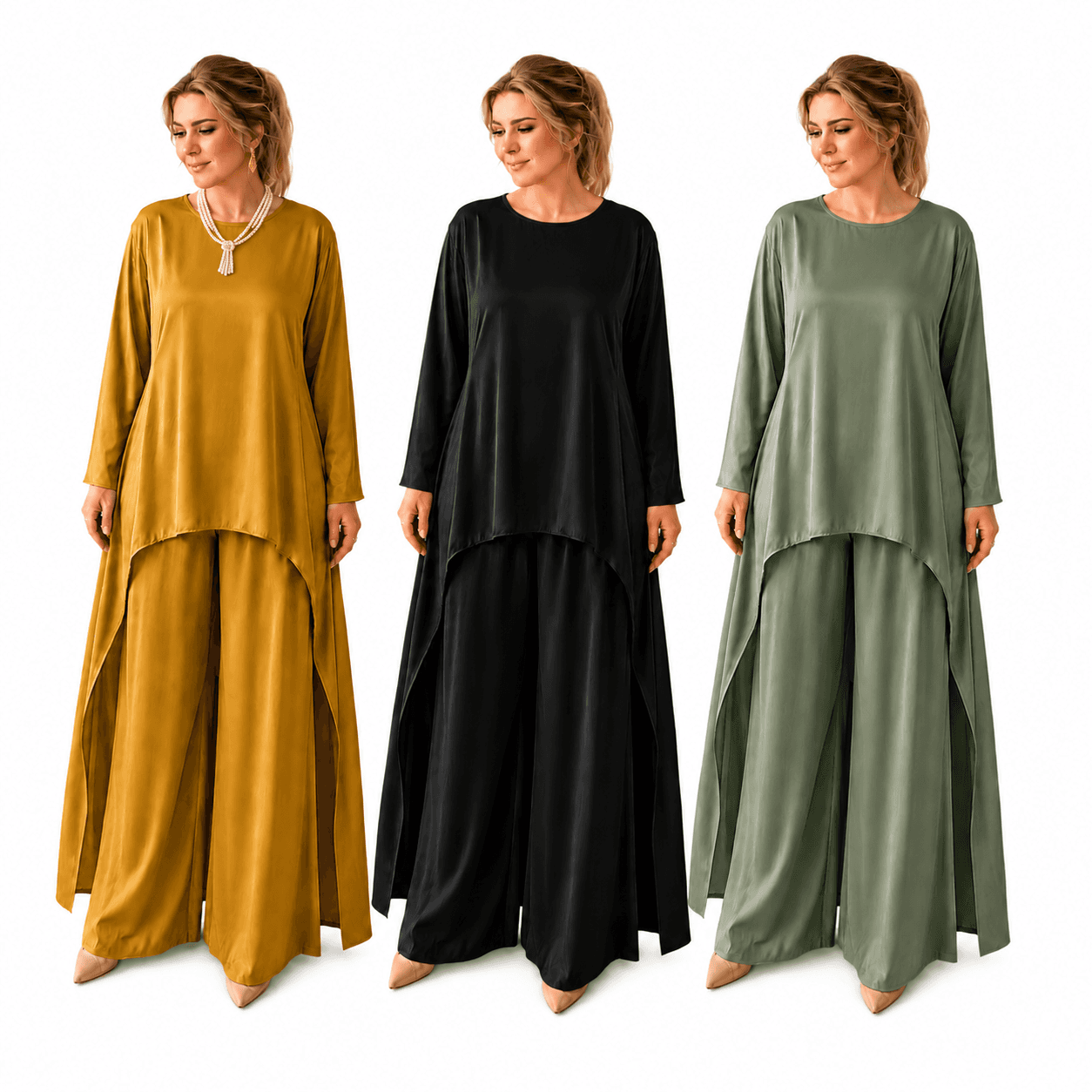 Ensemble Femme Satiné Élégance – Tunique Longue Asymétrique & Pantalon Fluide Chic