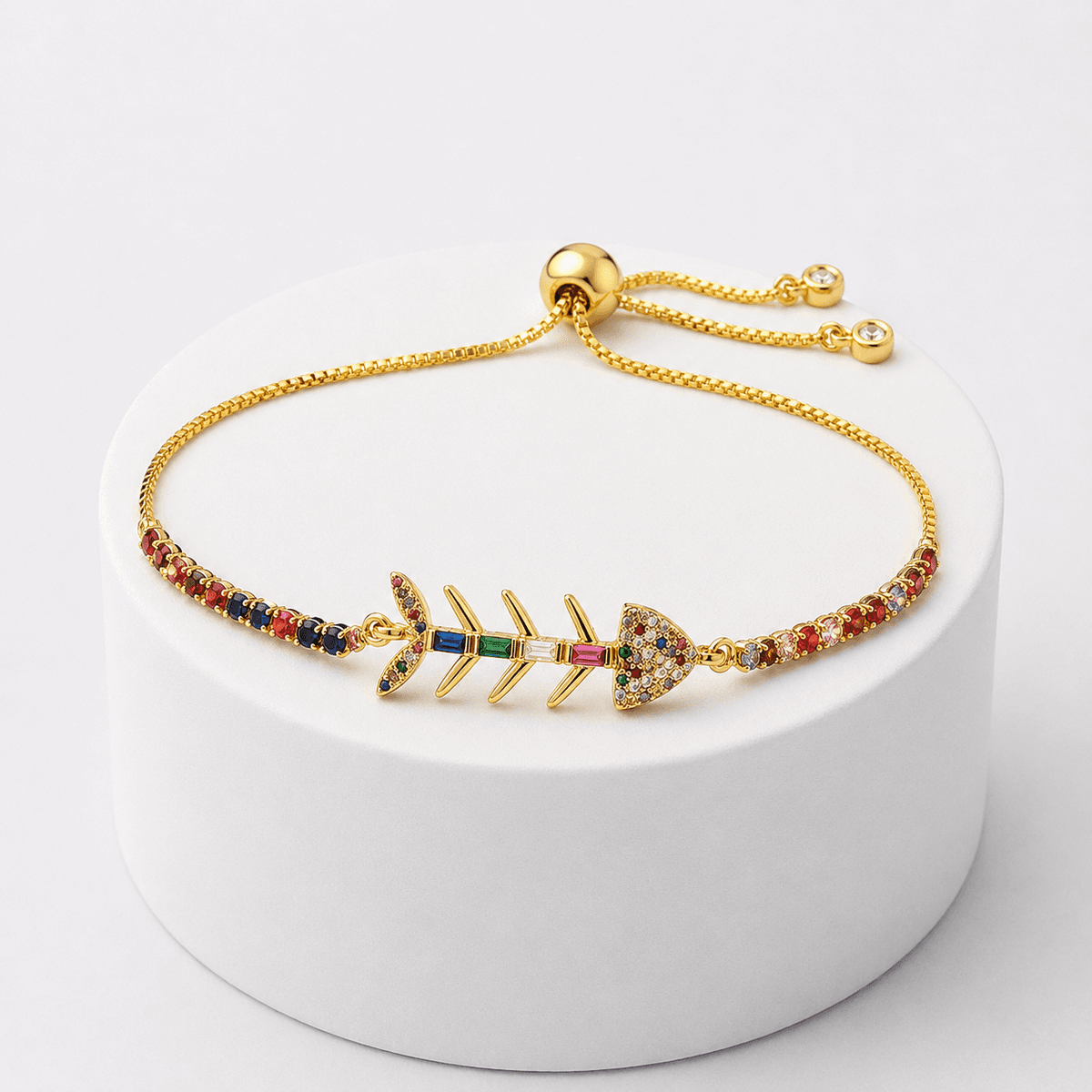 Bracelet Femme Doré Poisson en Zircon Multicolore – Ajustable et Élégant