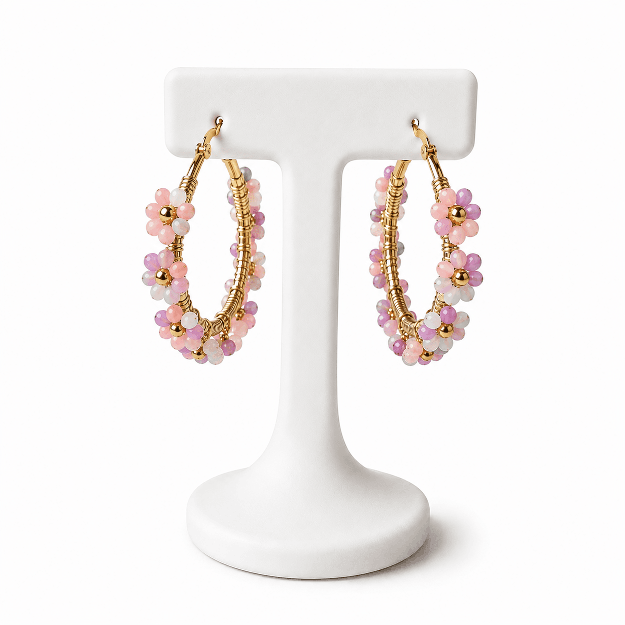 Boucles d’Oreilles Créoles Fleuries Multicolores Femme – Fleurs en Perles et Acier Inoxydable