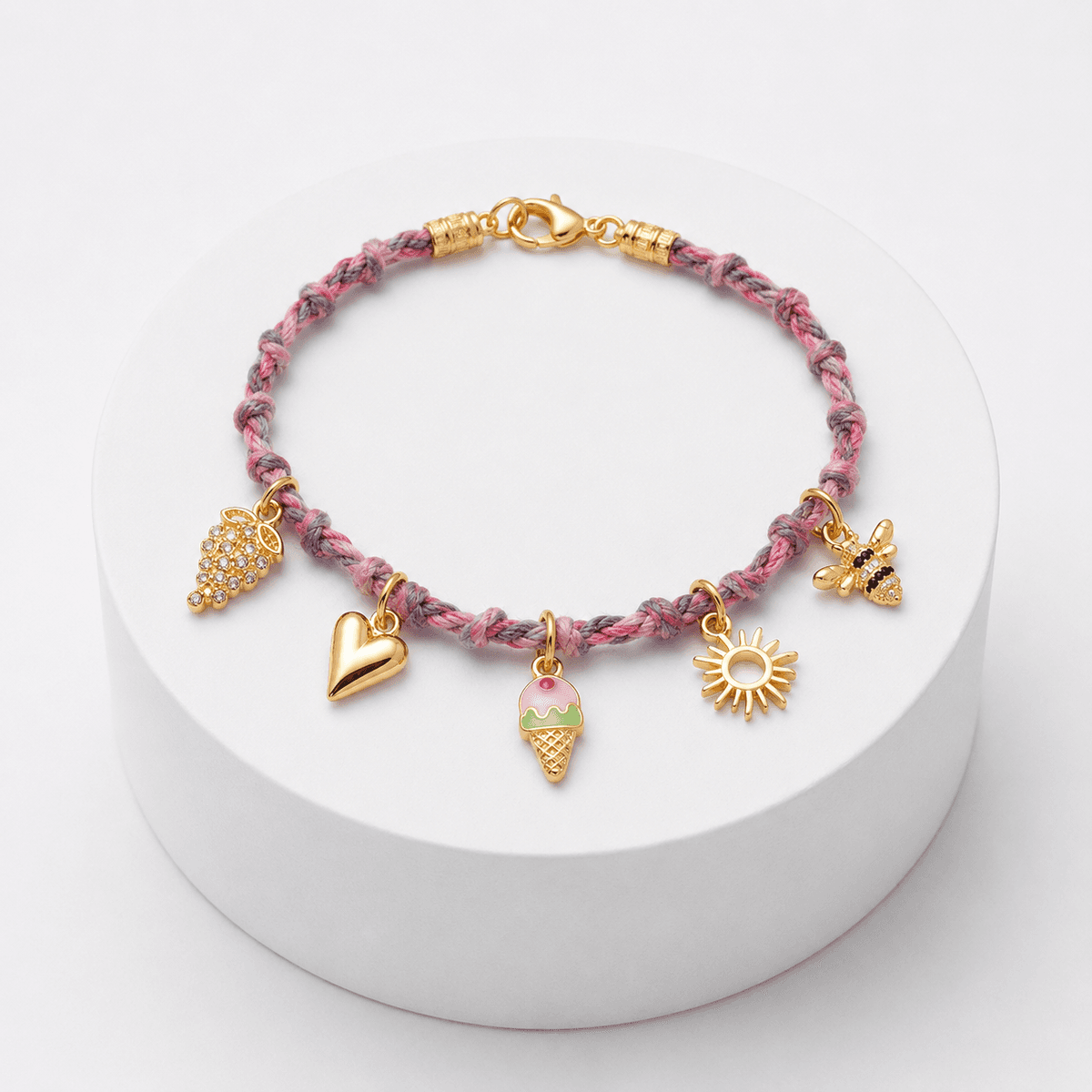 Bracelet Glace avec Breloques en Acier Inoxydable – Cordon Tressé Rose Style Bohème