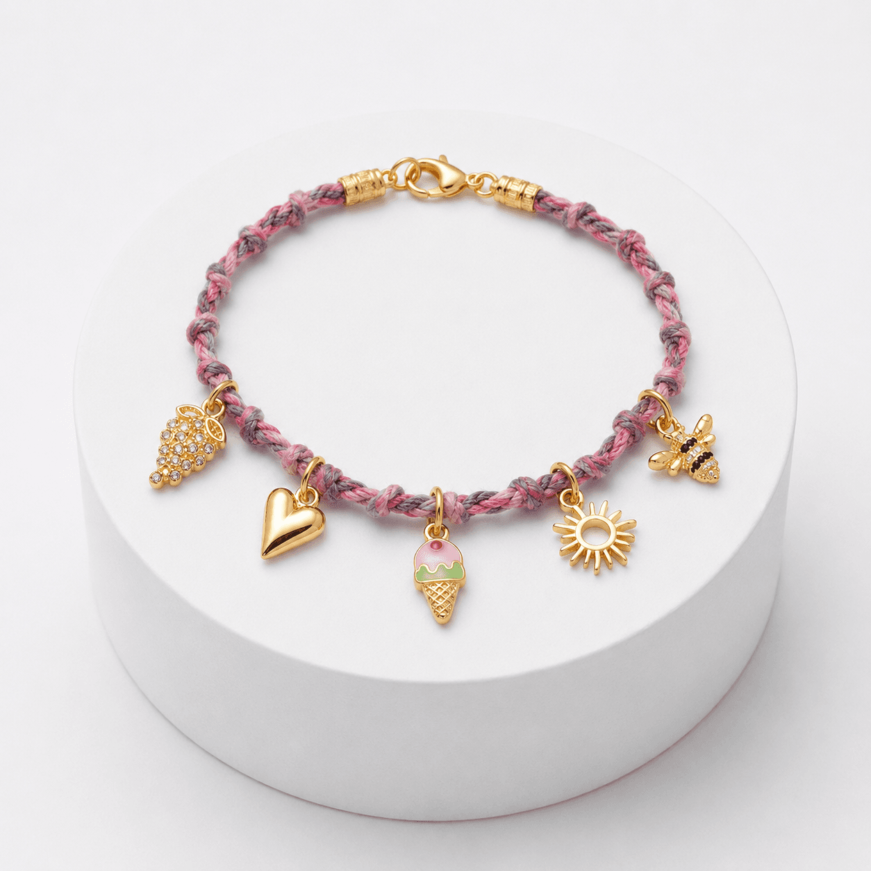 Bracelet Glace avec Breloques en Acier Inoxydable – Cordon Tressé Rose Style Bohème