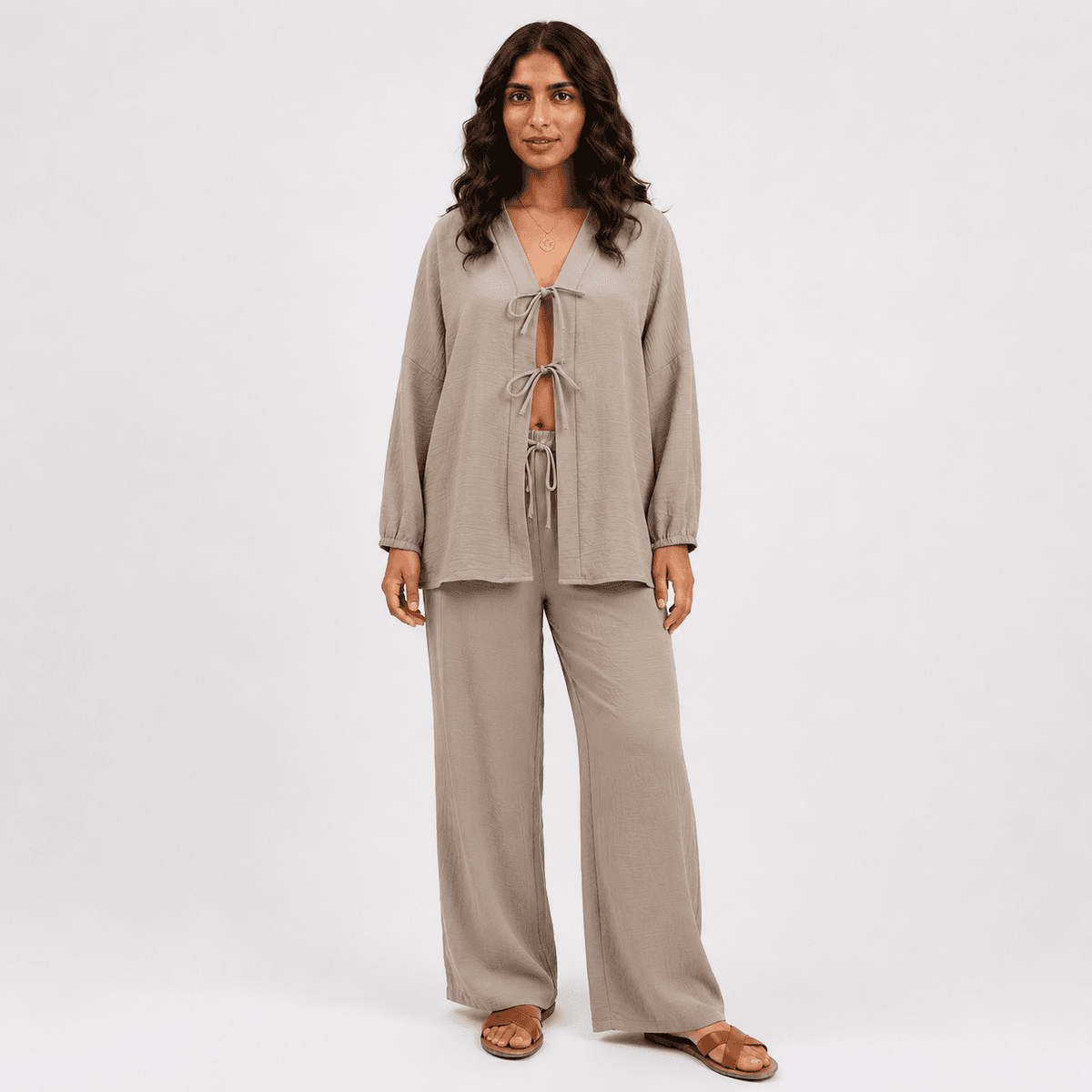 Ensemble Femme Chic 2 Pièces – Chemise à Manches Longues & Pantalon Taille Unique