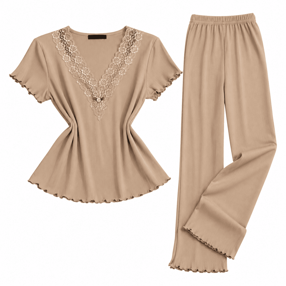 Pyjama Femme 2 Pièces Beige 100% Coton – Ensemble de Nuit Confortable