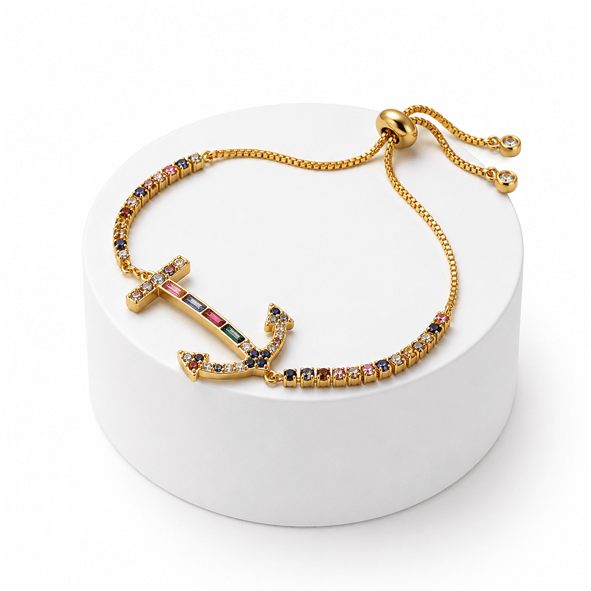 Bracelet Femme Ancre Dorée avec Zircons Multicolores – Ajustable et Élégant