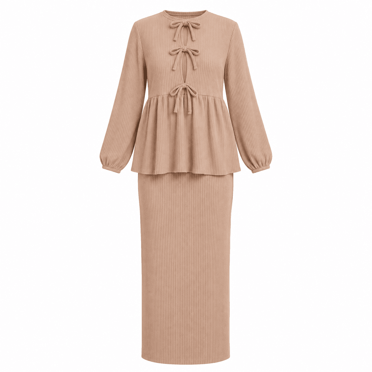 Ensemble Femme 2 Pièces en Maille Côtelée – Tunique Peplum & Jupe Longue