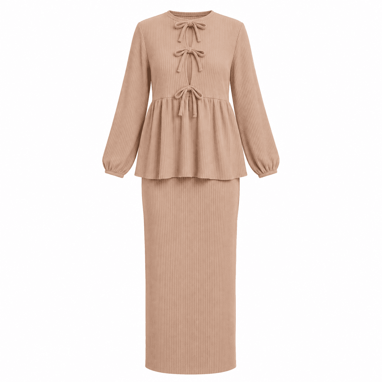 Ensemble Femme 2 Pièces en Maille Côtelée – Tunique Peplum & Jupe Longue