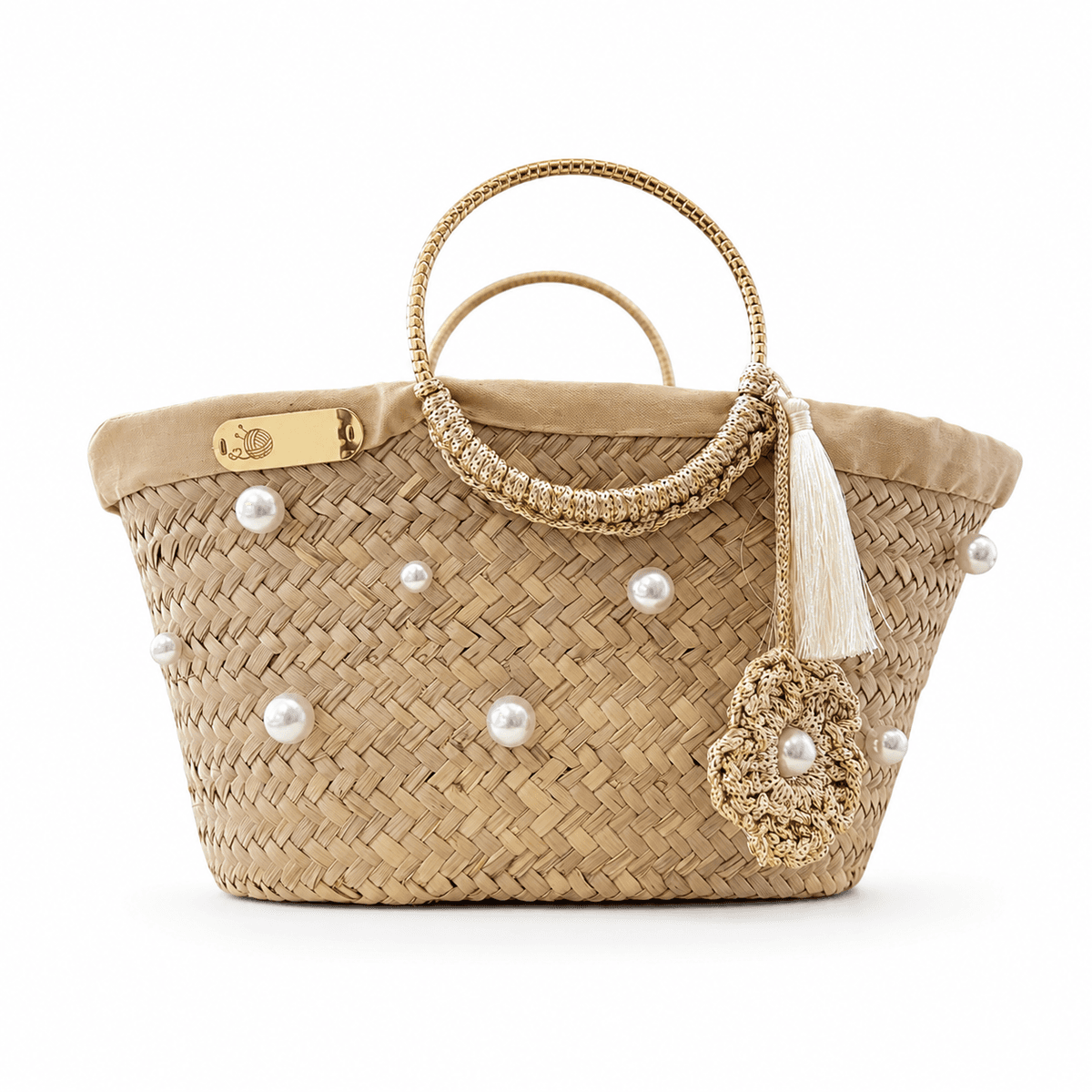 Couffin en Paille Artisanal Femme – Sac Tressé avec Perles Nacrées, Fleur Crochet & Pompon