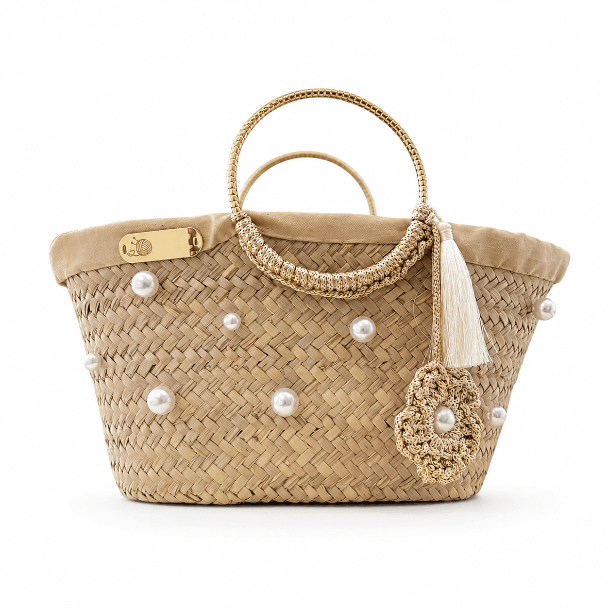 Couffin en Paille Artisanal Femme – Sac Tressé avec Perles Nacrées, Fleur Crochet & Pompon