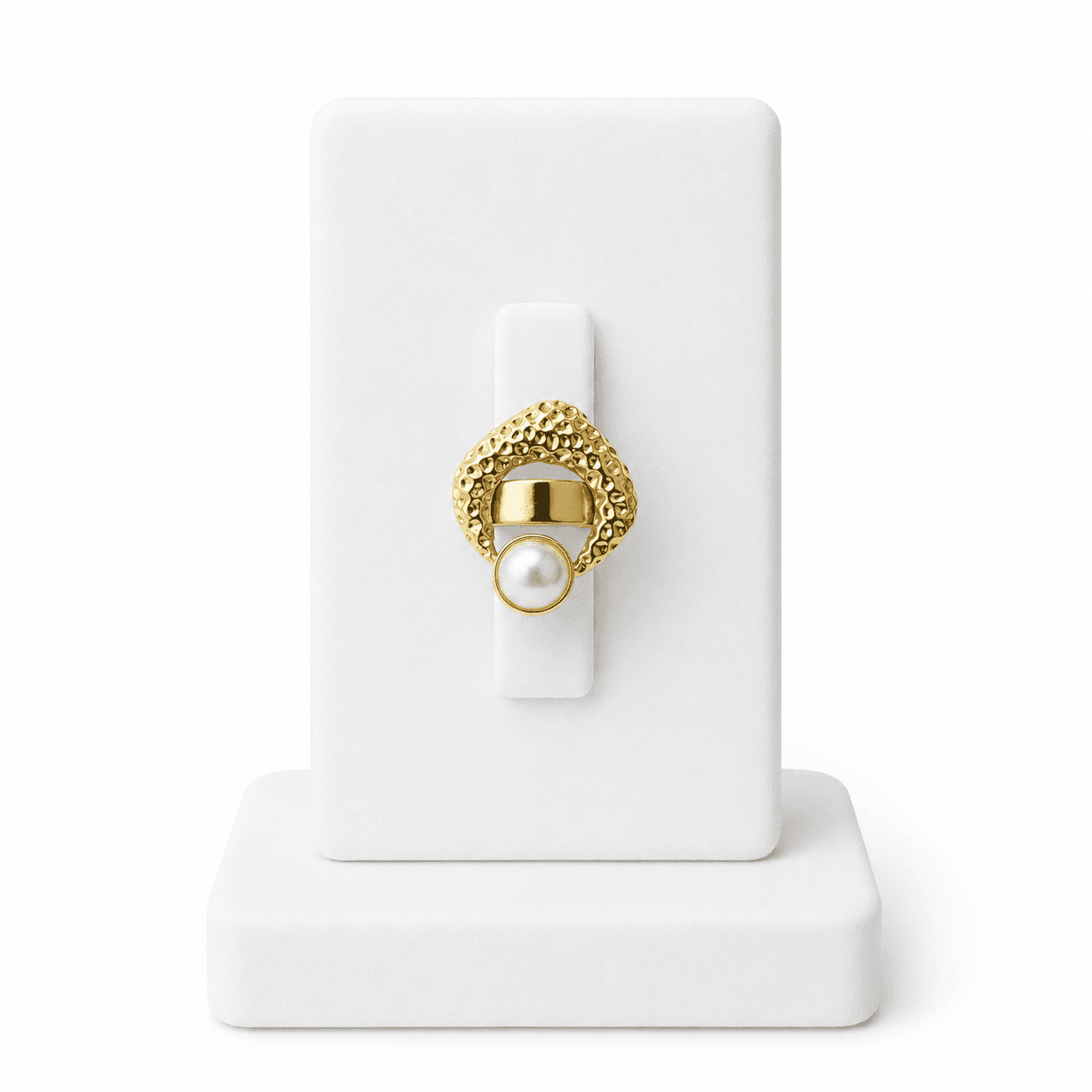 Bague Femme Dorée Ajustable en Acier Inoxydable – Perle Nacrée Martelée