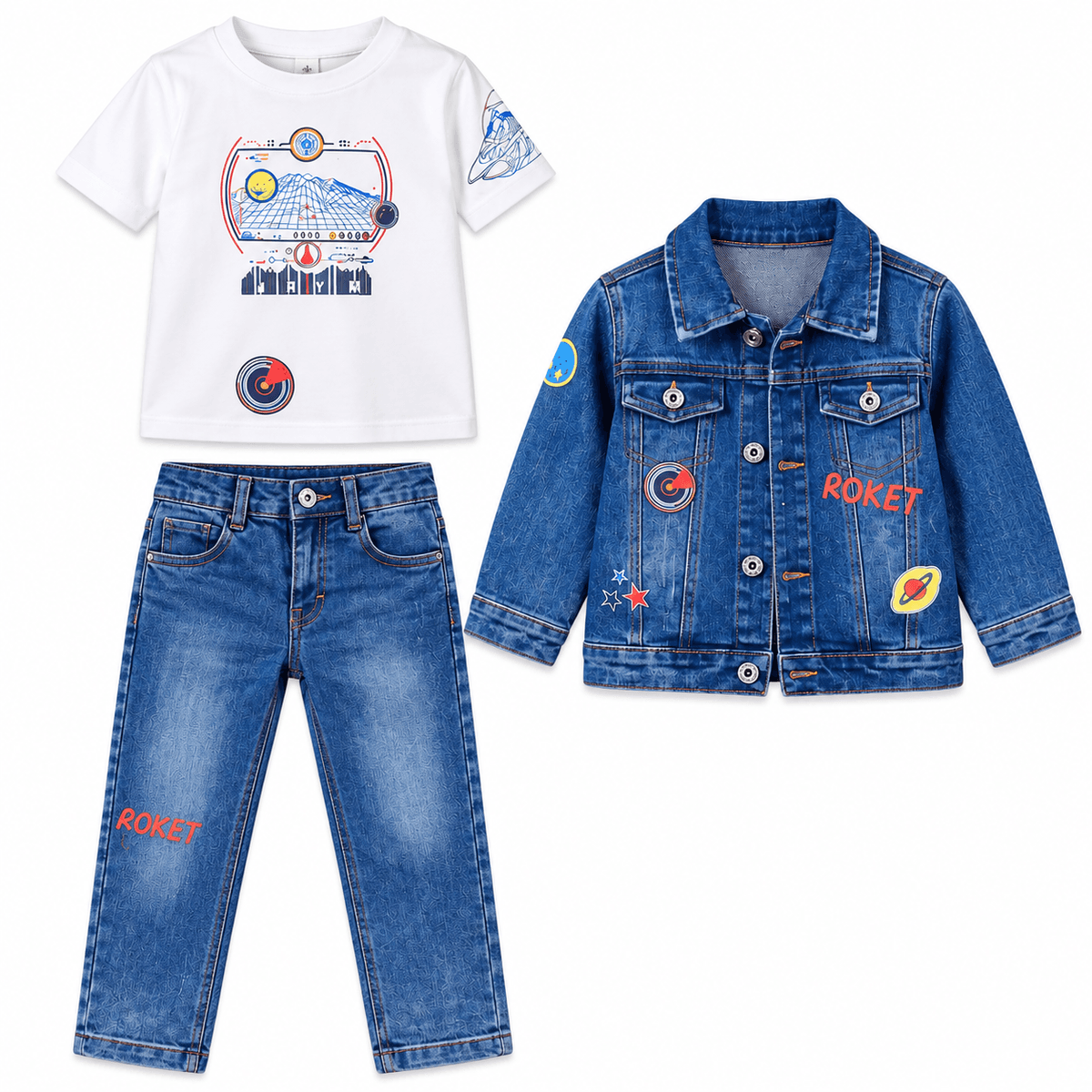Ensemble Garçon 3 Pièces en Jean Bleu avec Veste, T-shirt Blanc et Pantalon – 2 à 4 Ans