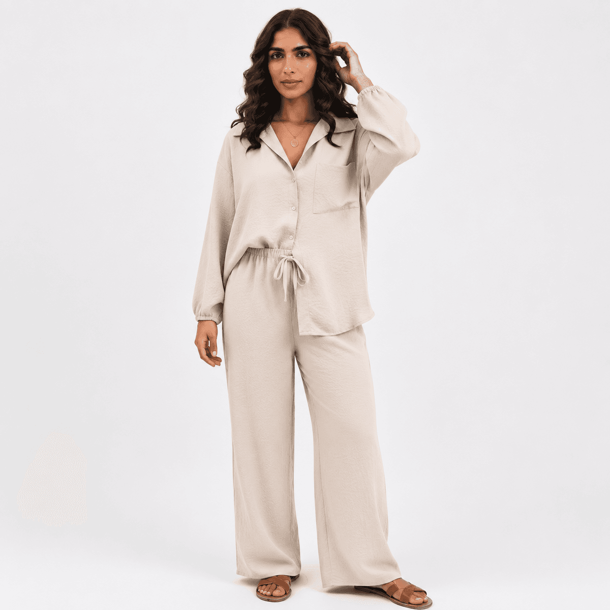 Ensemble Femme Chic 2 Pièces – Chemise à Manches Longues & Pantalon Taille Unique