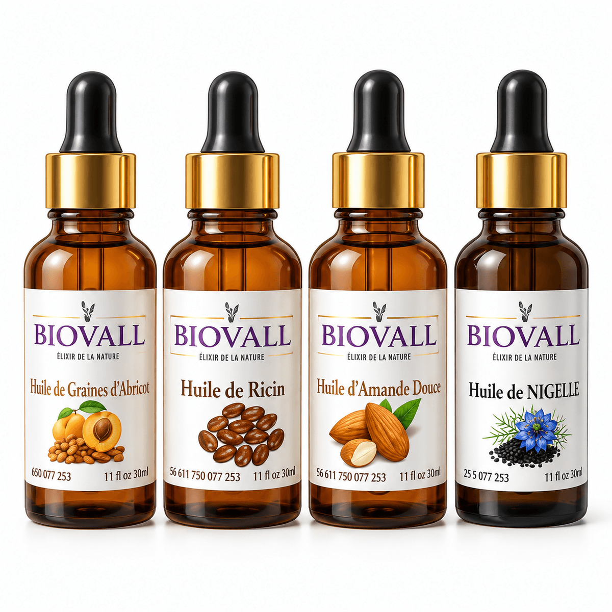 Pack 4 Huiles Végétales BIOVALL – Ricin, Nigelle, Amande Douce & Abricot