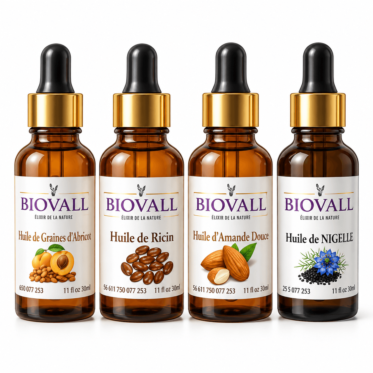 Pack 4 Huiles Végétales BIOVALL – Ricin, Nigelle, Amande Douce & Abricot