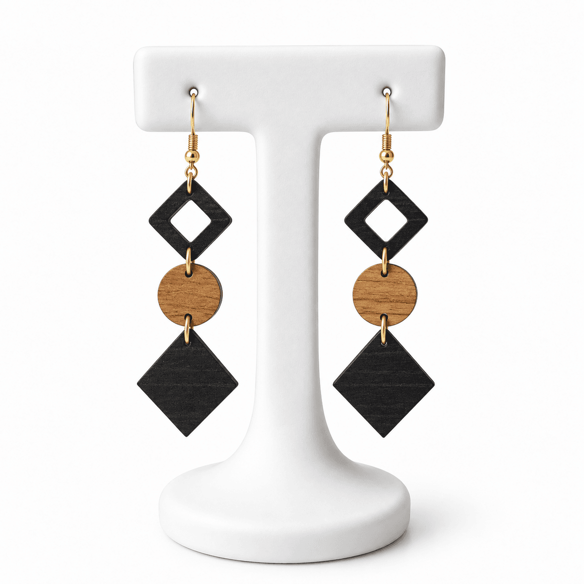 Boucles dâOreilles en Bois Naturel Femme â Design GĂ©omĂ©trique Noir et DorĂ©, Style Artisanal
