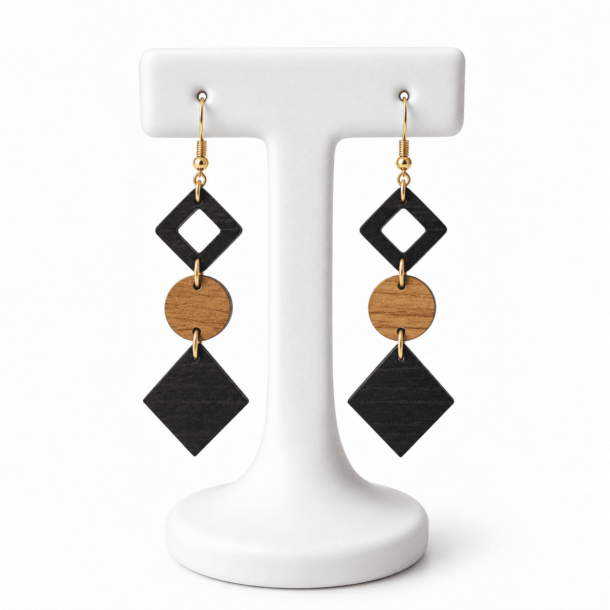 Boucles d’Oreilles en Bois Naturel Femme – Design Géométrique Noir et Doré, Style Artisanal