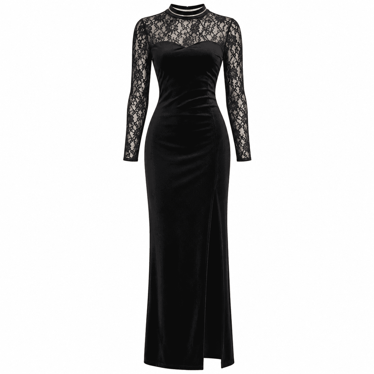 Robe Longue Femme Noire en Velours de Soie – Manches Longues en Dentelle