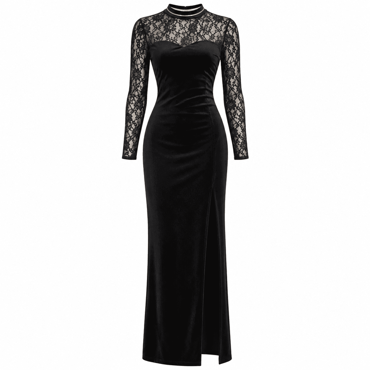 Robe Longue Femme Noire en Velours de Soie – Manches Longues en Dentelle