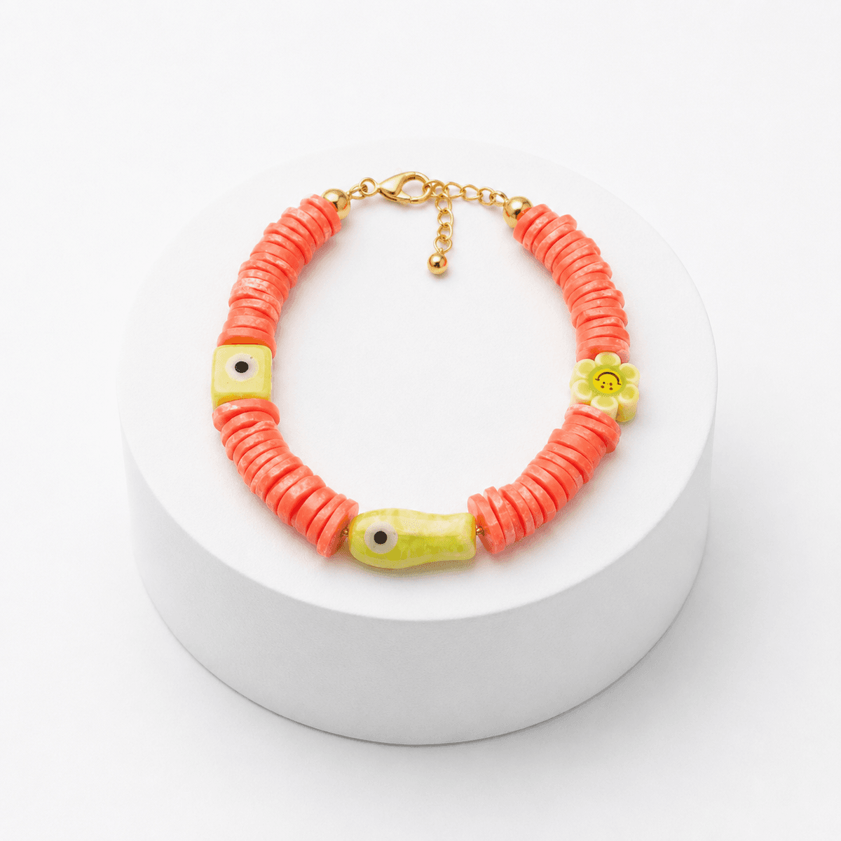 Bracelet FISH en Perles Céramique Corail avec Perles Œil Porte-Bonheur Style Bohème Estival