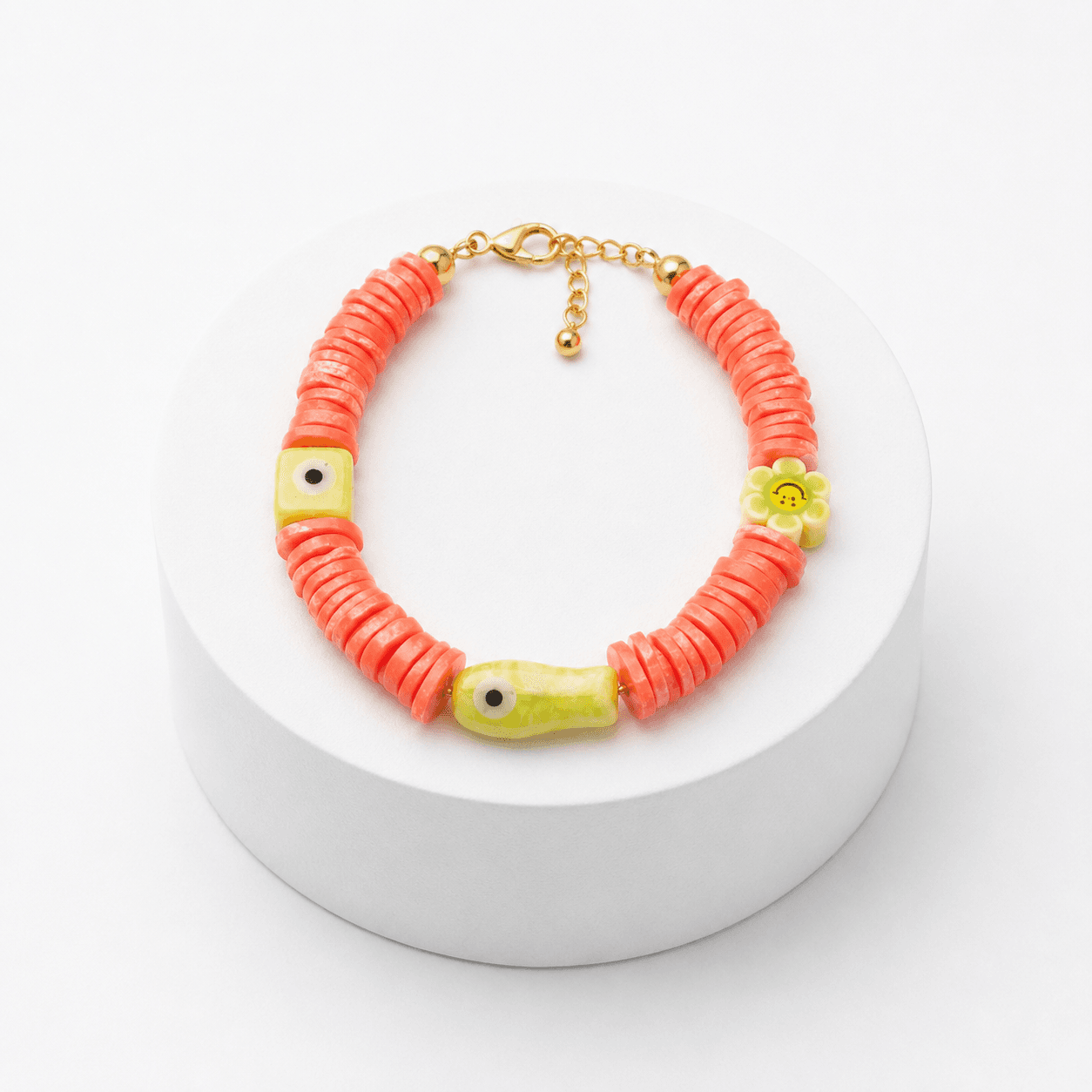 Bracelet FISH en Perles Céramique Corail avec Perles Œil Porte-Bonheur Style Bohème Estival