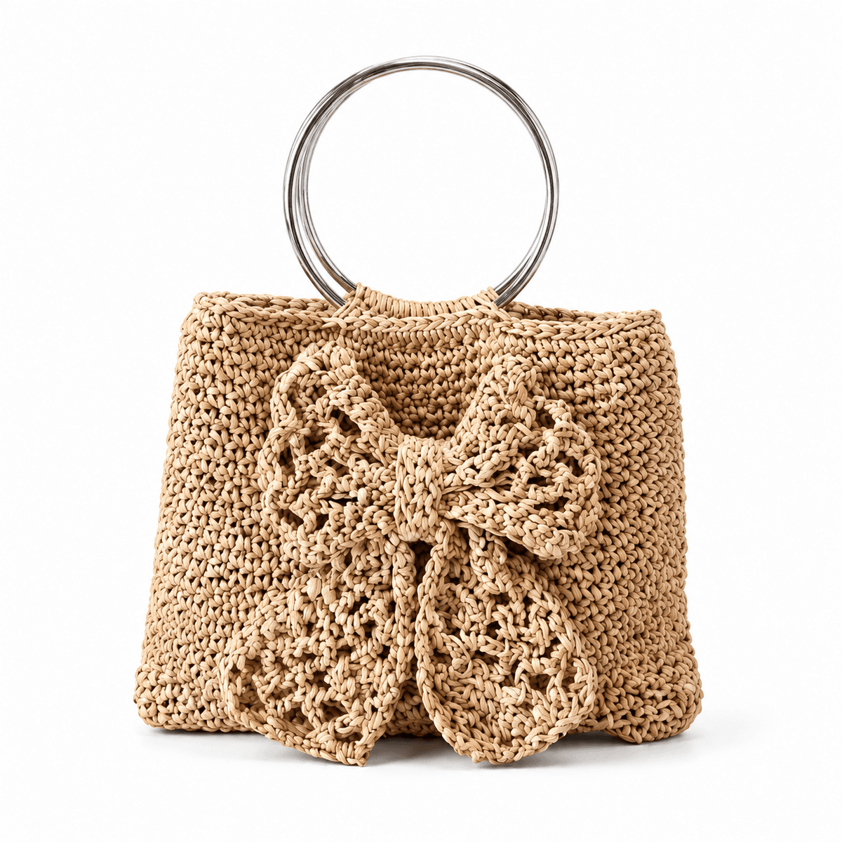 Sac à Main en Crochet Beige Fait Main – Modèle Bohème Chic avec Grand Nœud