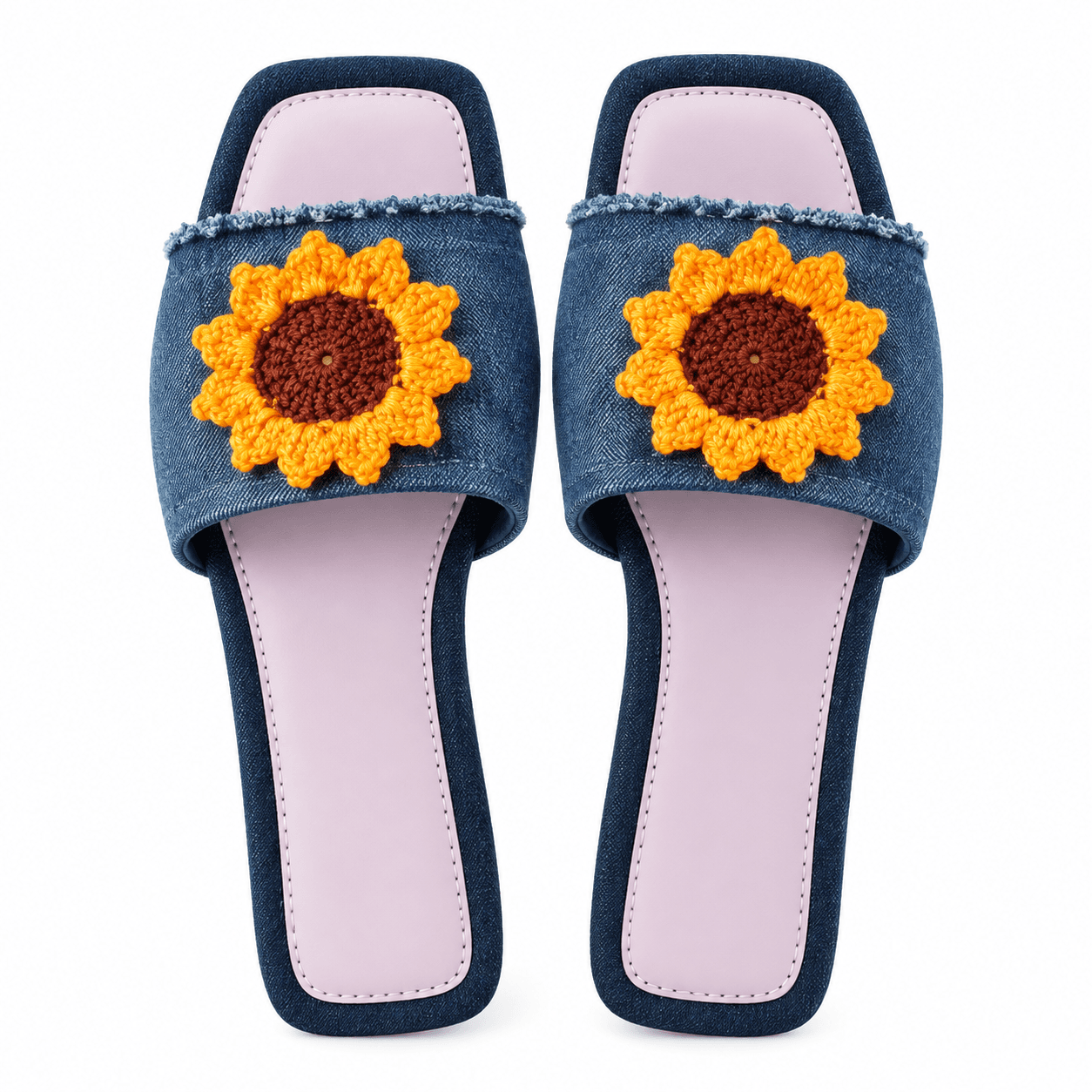 Mules Femme en Jean avec Fleurs en Crochet – Sandales Artisanales Tunisiennes