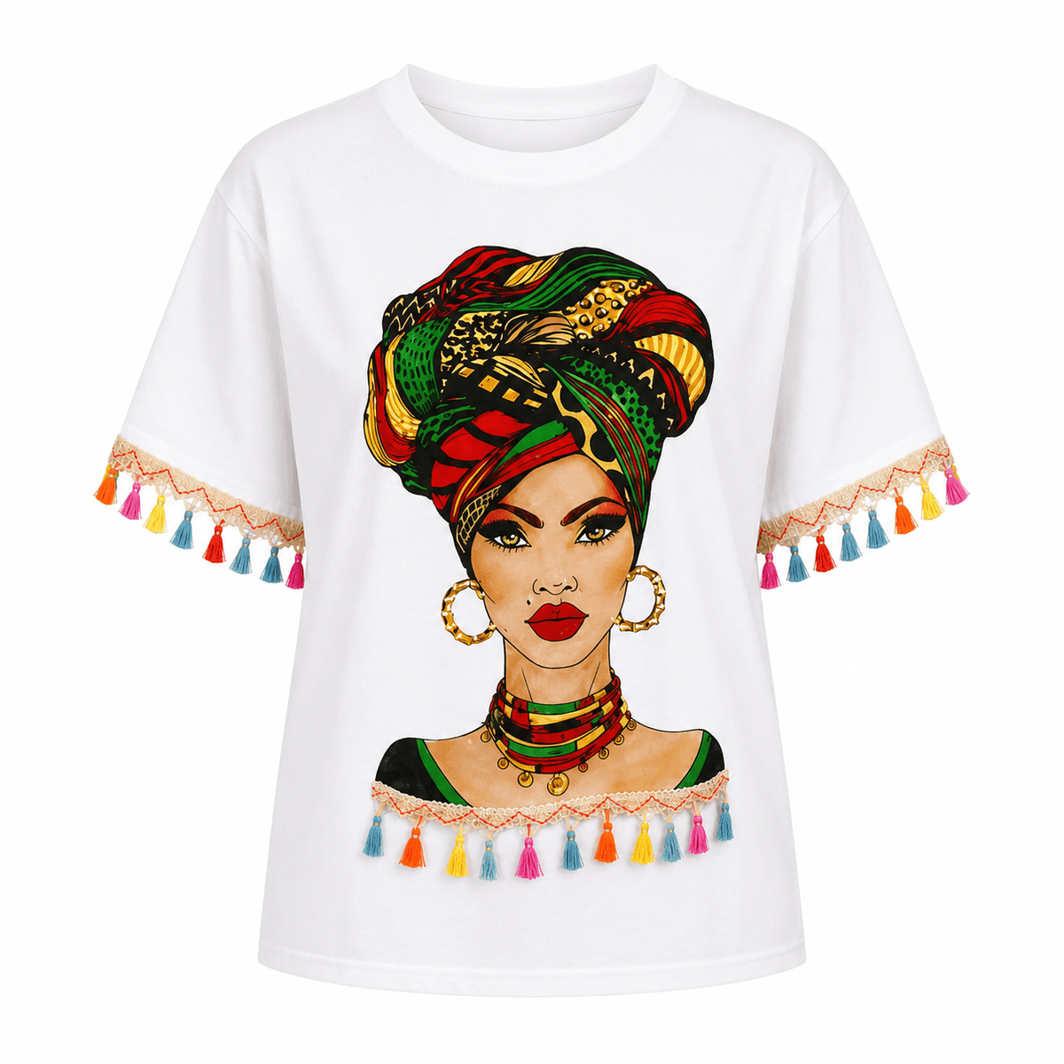 Pull Negretta Femme Demi-Manches – T-shirt Oversize Imprimé Ethnique avec Franges