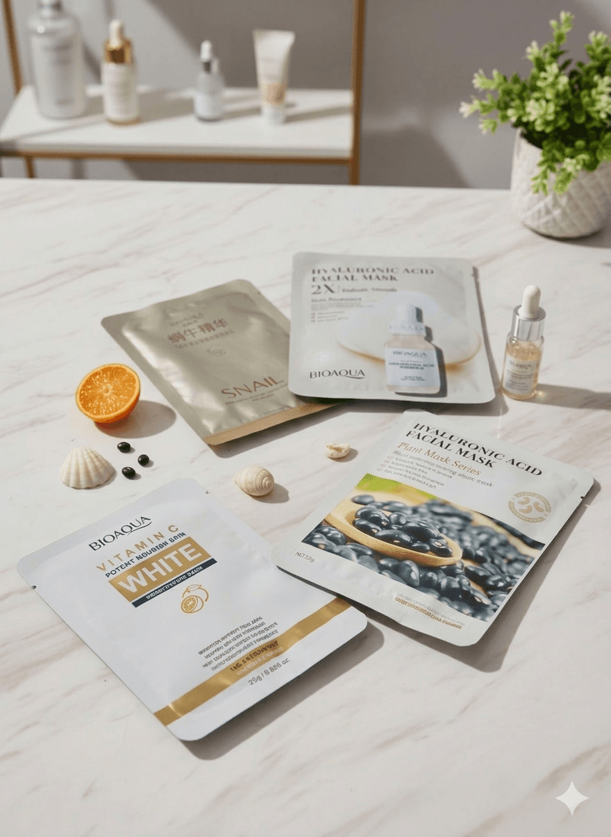 Pack Éclat & Hydratation (4 Masques : Vitamine C, Hyaluronique, Escargot)